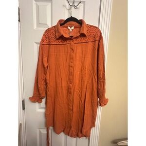 Umgee Womens Burnt Orange Crochet Lace Yoke Button Down Shirt Dress Small NEW M